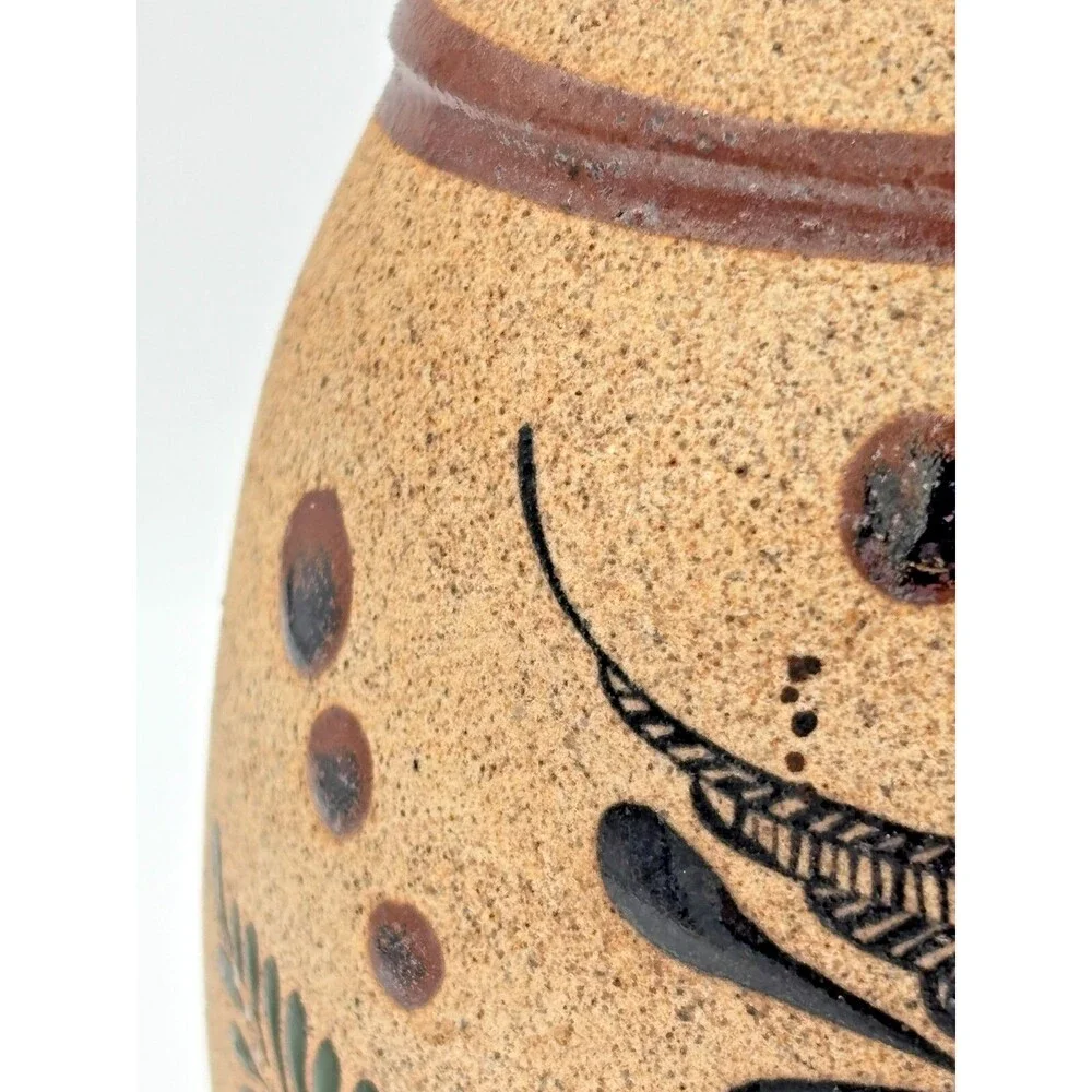 Netzi Tonala Pottery Burnished Clay Vase Hand-Painted Bird Floral Motif‎ Signed